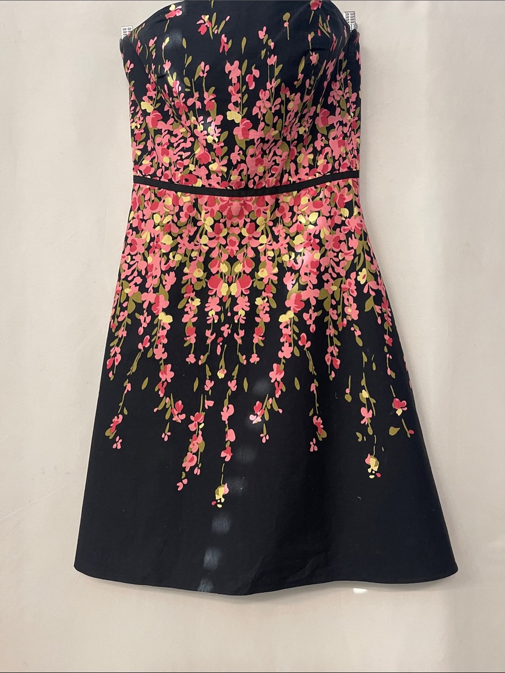 LOFT Black Strapless Floral Sundress with Pink and Green Accents